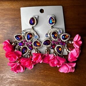 Statement Pink Floral Crystal Drop Earrings
